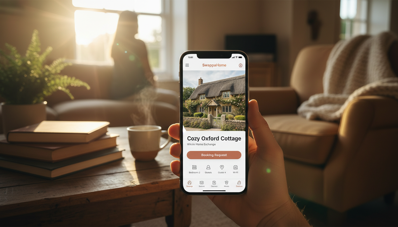 the SwappaHome app interface on a phone screen, showing a listing for a cozy Oxford cottage with the
