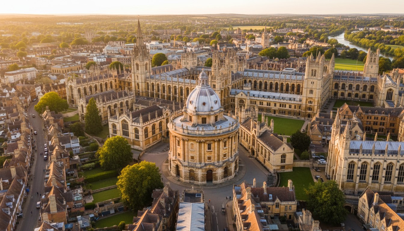 aerial view of Oxfords dreaming spires at golden hour, with the Radcliffe Camera and Bodleian Librar
