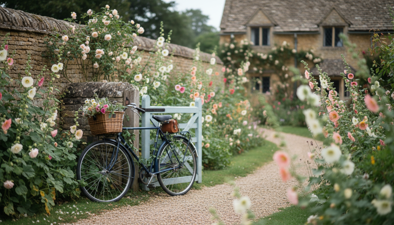a charming English cottage garden in late summer, hollyhocks and roses against honey-colored Cotswol