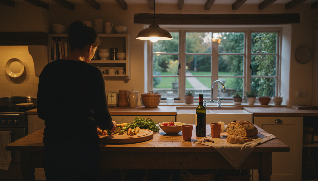 evening scene in an Oxford kitchen, someone preparing a simple meal with local ingredients, warm lig