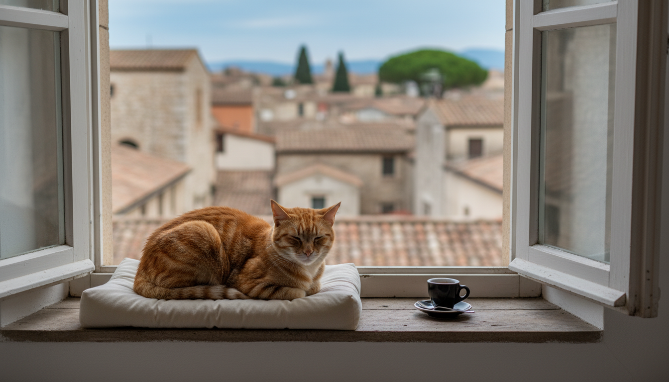 Orange tabby cat lounging on a sun-drenched windowsill in a European apartment, with terracotta roof