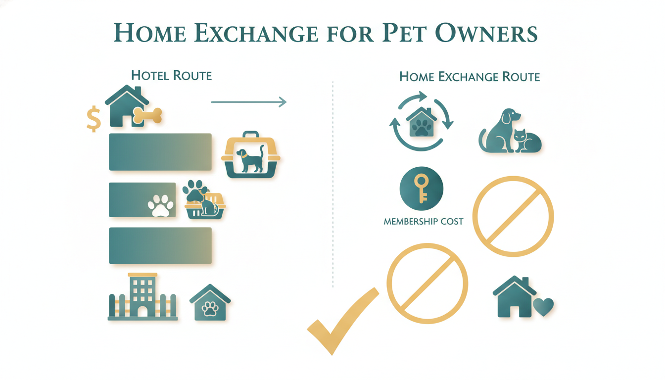 Side-by-side cost comparison infographic showing 2-week trip expenses hotel route 2,800 for pet-frie