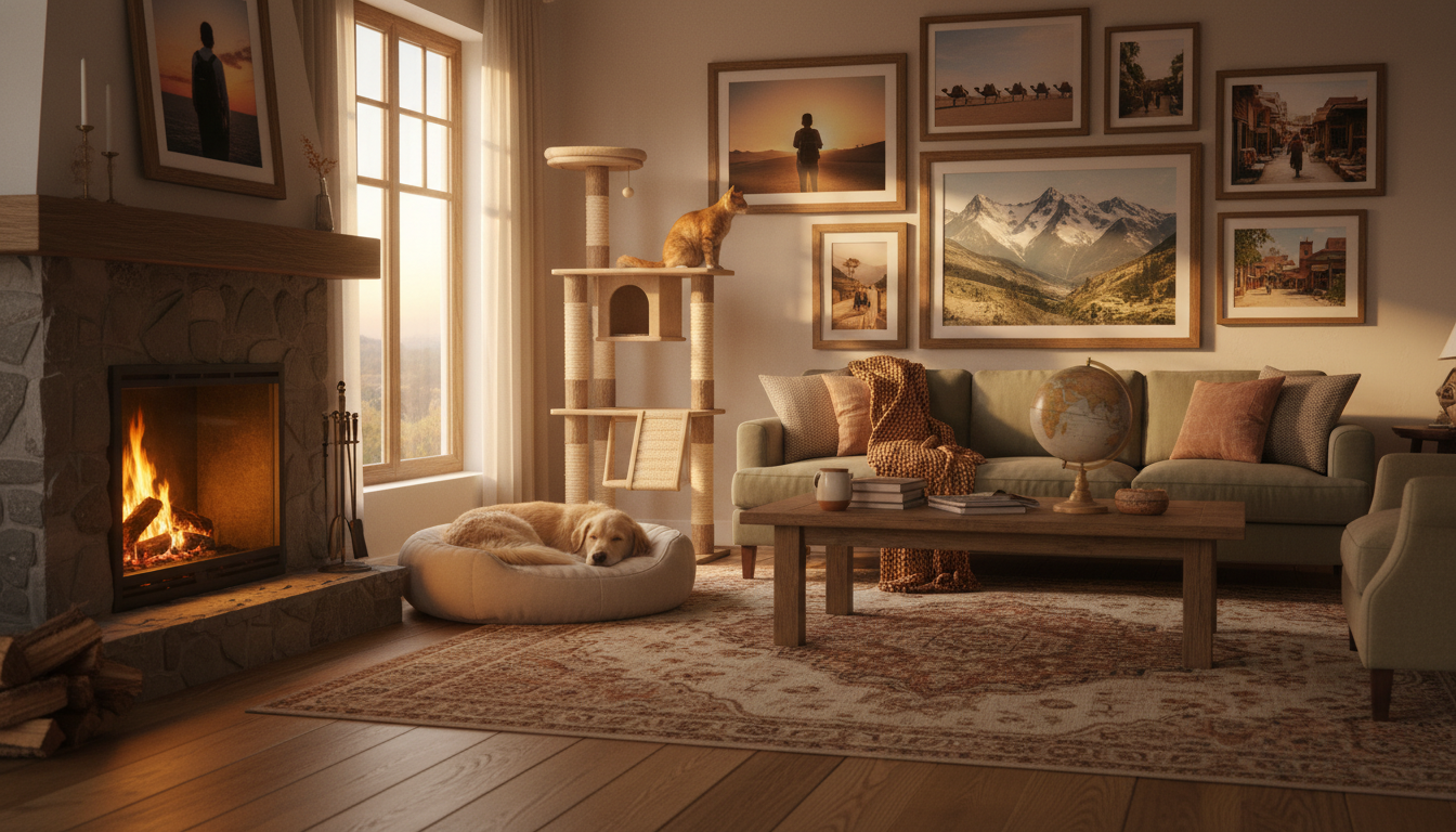 Cozy living room with a dog bed near a fireplace, a cat tree by the window, and travel photos on the