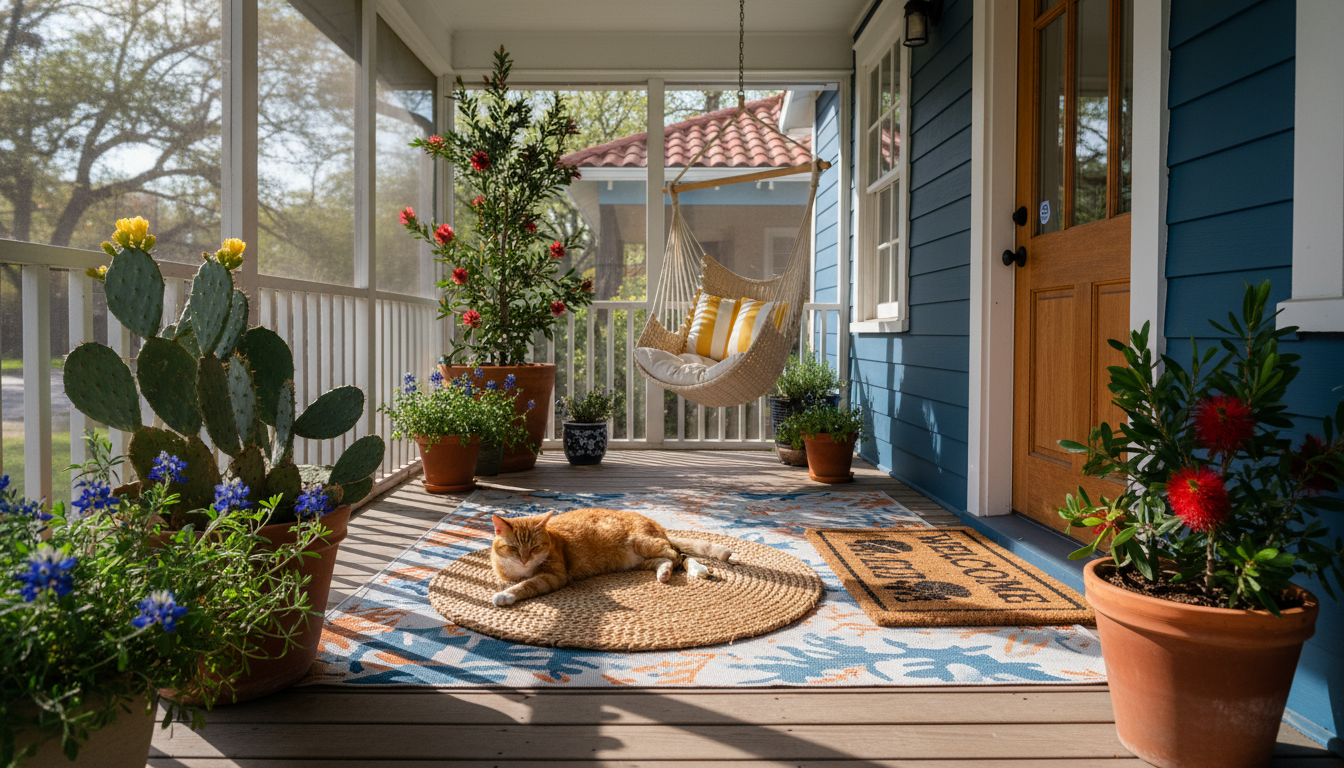Charming Austin bungalow with a screened-in porch, a cat lounging in a sunbeam, and a Welcome mat fe