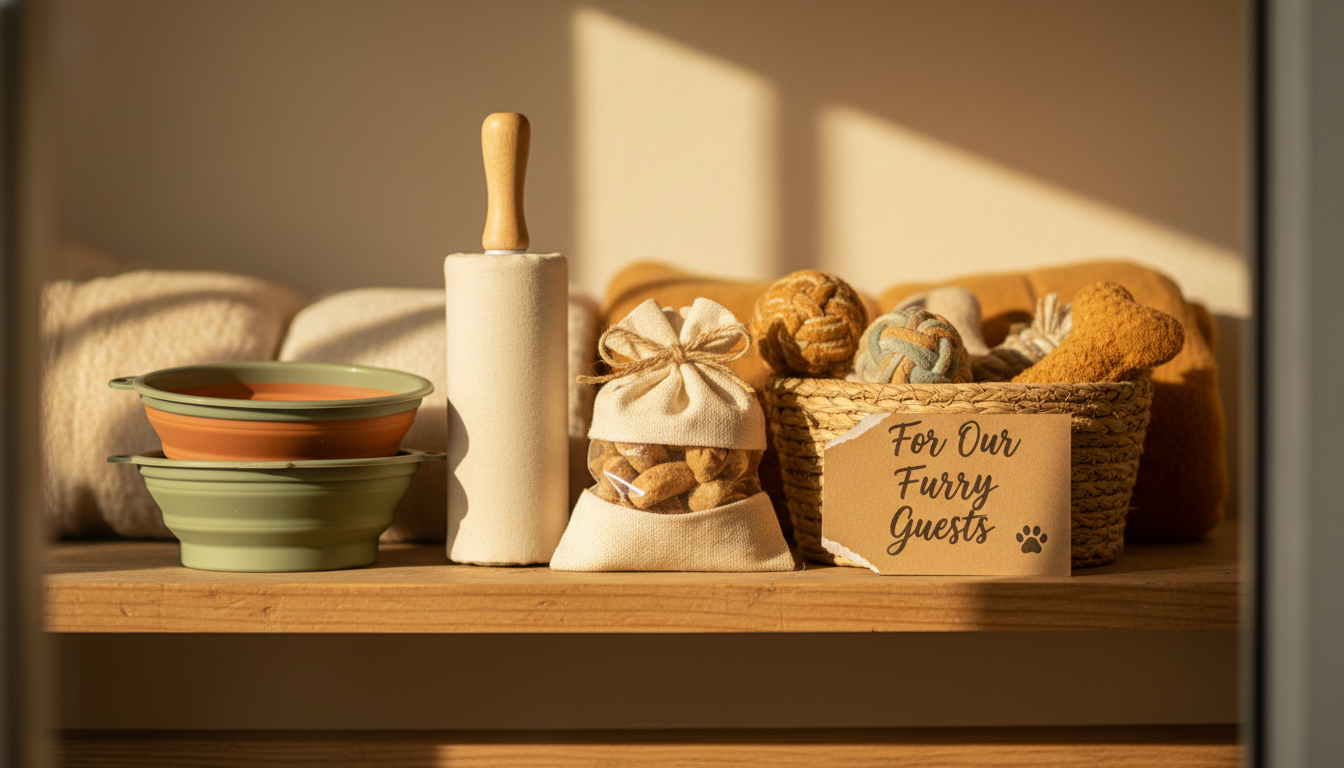 Organized closet shelf with pet supplies neatly arranged collapsible food bowls, a bag of treats, a