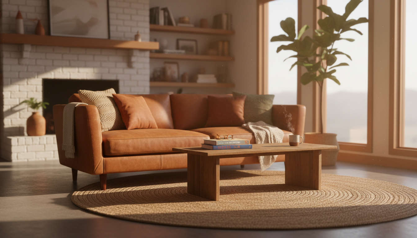 bright, airy living room with afternoon sunlight streaming through windows, a well-worn leather couc