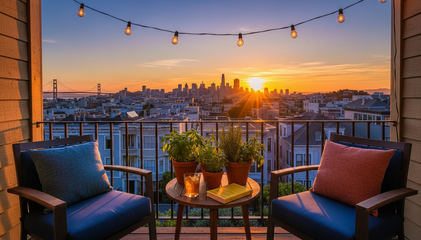 small urban balcony at sunset with string lights, two chairs with cushions, potted herbs, and a view