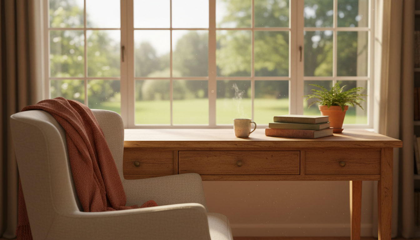 cozy home office corner with a desk by a window, a comfortable chair, good lighting, and a few books