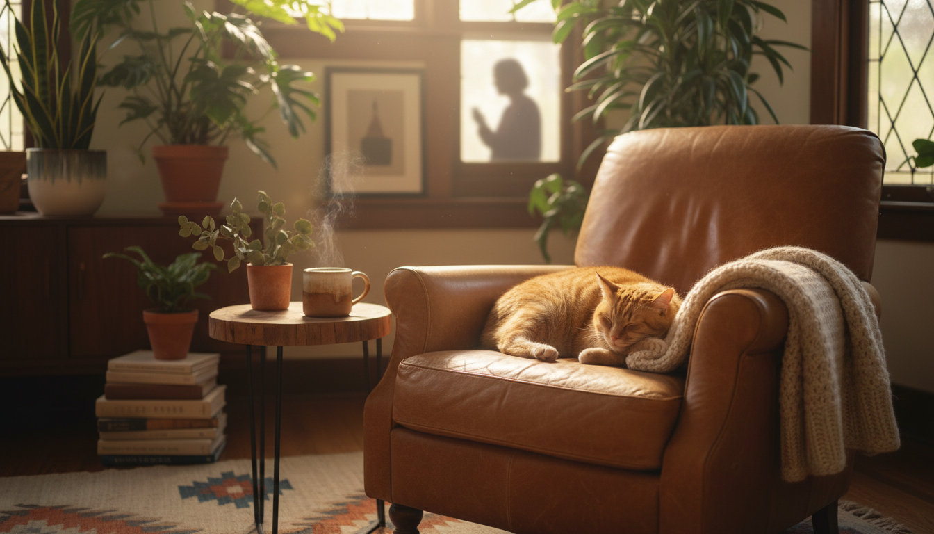 Morning light filtering through a craftsman bungalow window in Portland, vintage furniture mixed wit