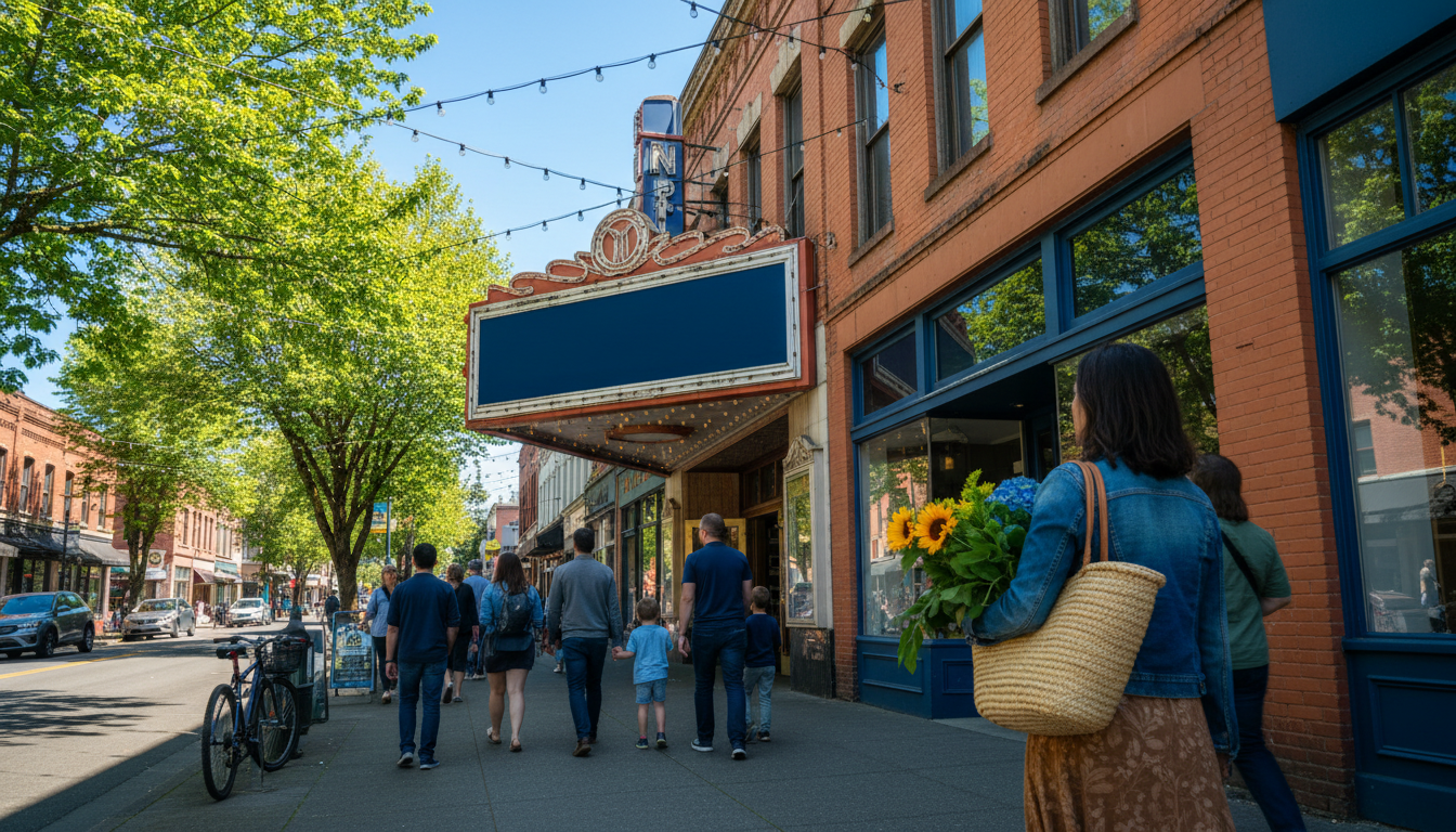 Montavillas main street on a Saturday morning, local families walking past a vintage movie theater m