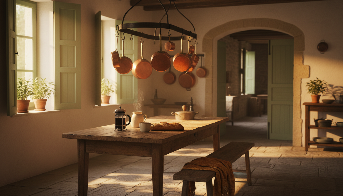 rustic Provenal kitchen with copper pots hanging, morning light streaming through shuttered windows,