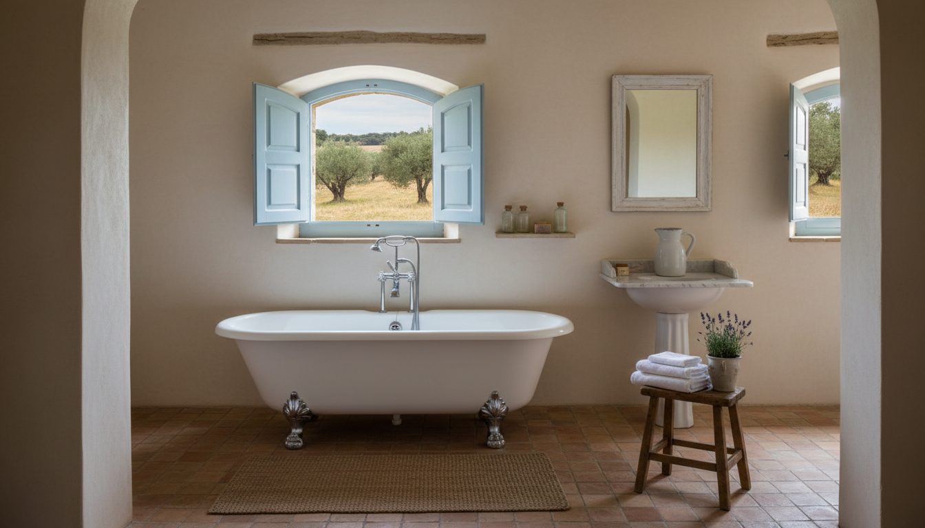 traditional Provenal bathroom with terracotta tiles, clawfoot tub, and small window overlooking oliv