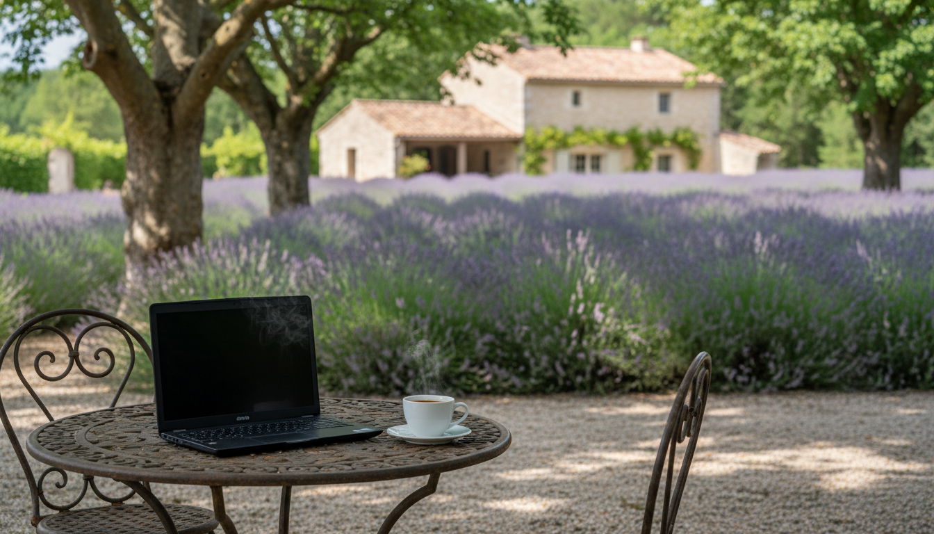 laptop and coffee on wrought-iron table in Provenal garden, lavender bushes in background, dappled s