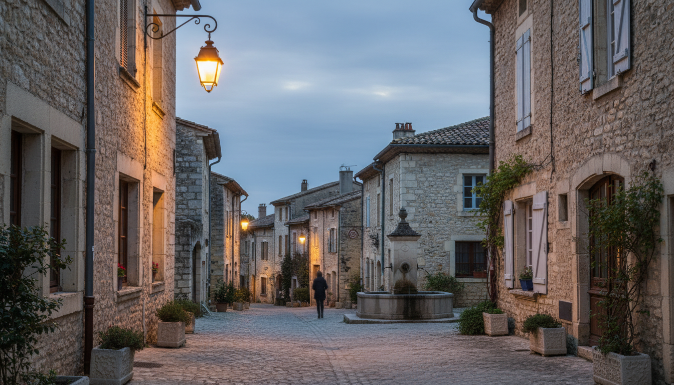 charming Provenal village street at dusk, honey-colored stone buildings, wrought-iron street lamp, s