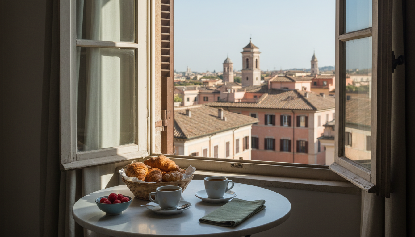 Morning light streaming through wooden shutters onto a small breakfast table with espresso and corne