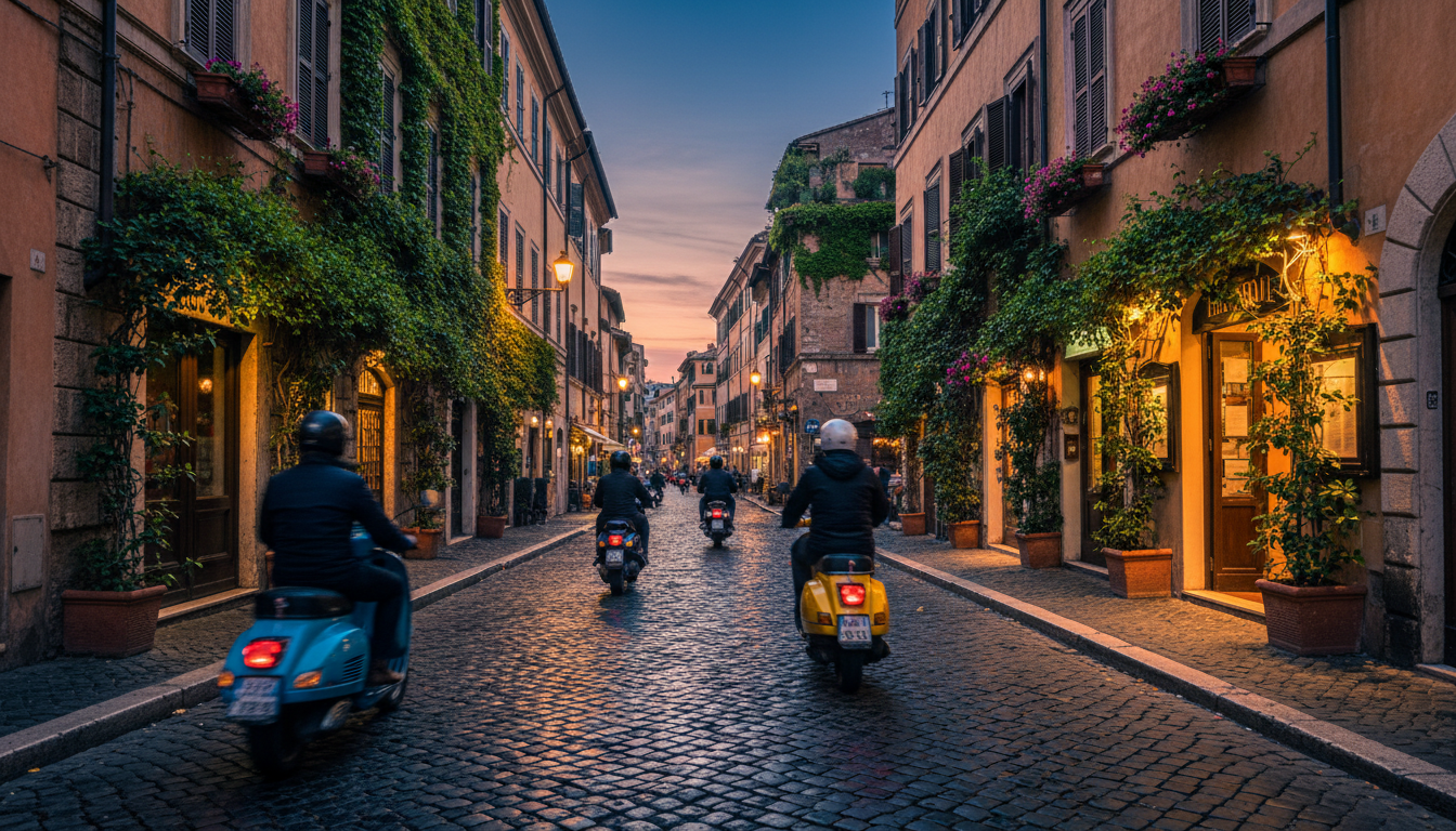 Evening scene on a Trastevere cobblestone street, ivy-covered buildings with warm light glowing from