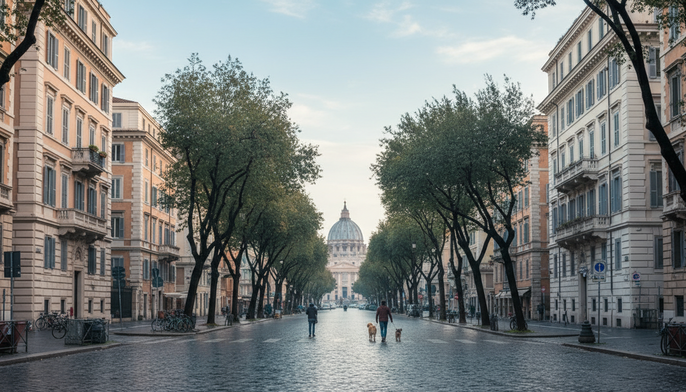Wide tree-lined boulevard in Prati with elegant apartment buildings, a few locals walking dogs, the