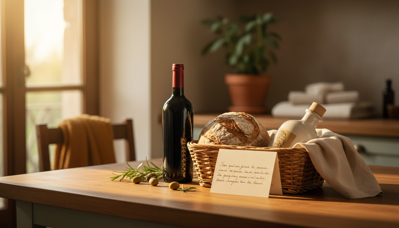Kitchen counter with a welcome basket containing Italian wine, fresh bread, local olive oil, and a h