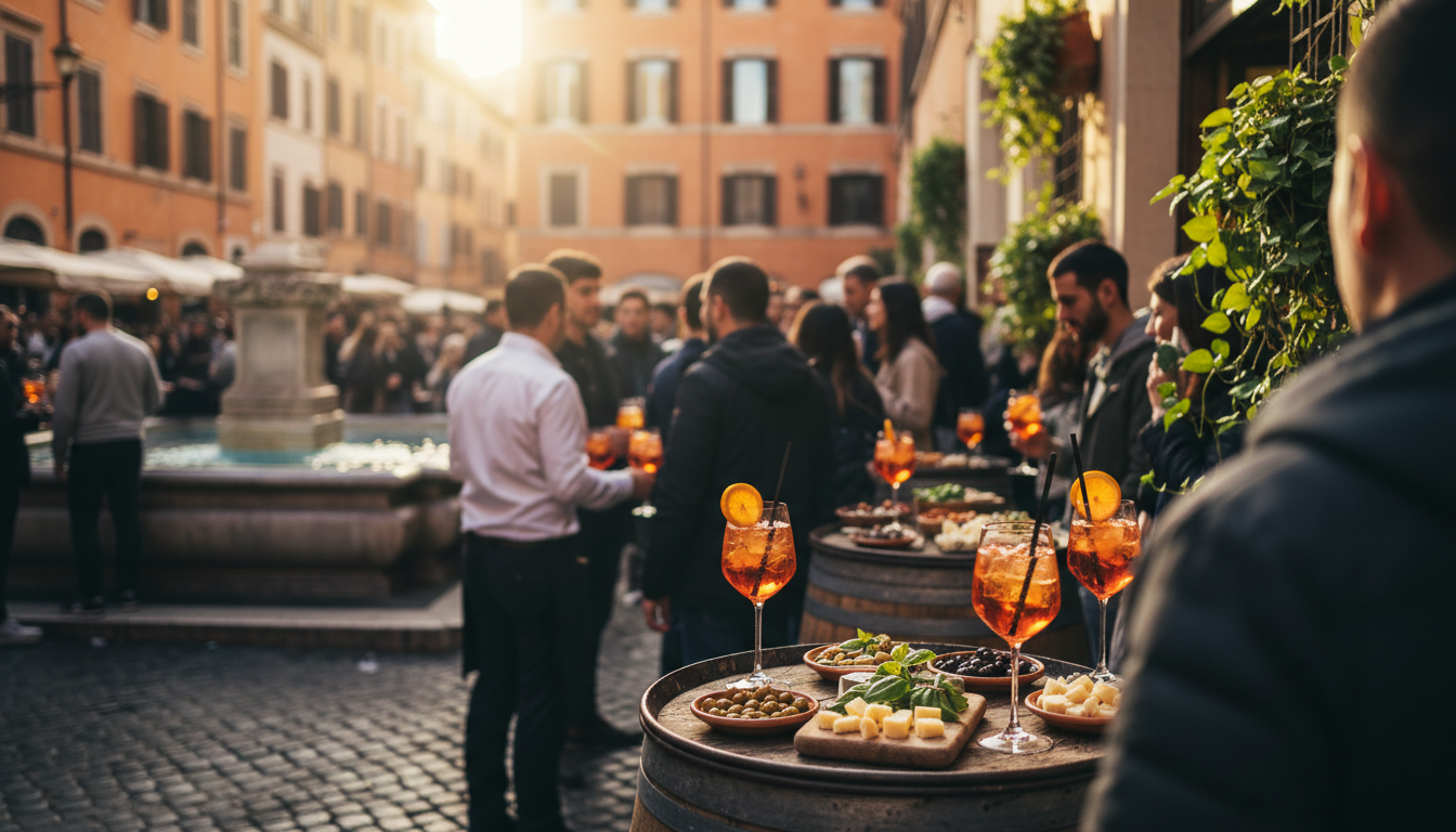 Crowded aperitivo scene at a Trastevere bar, people spilling onto the piazza with Aperol spritzes an