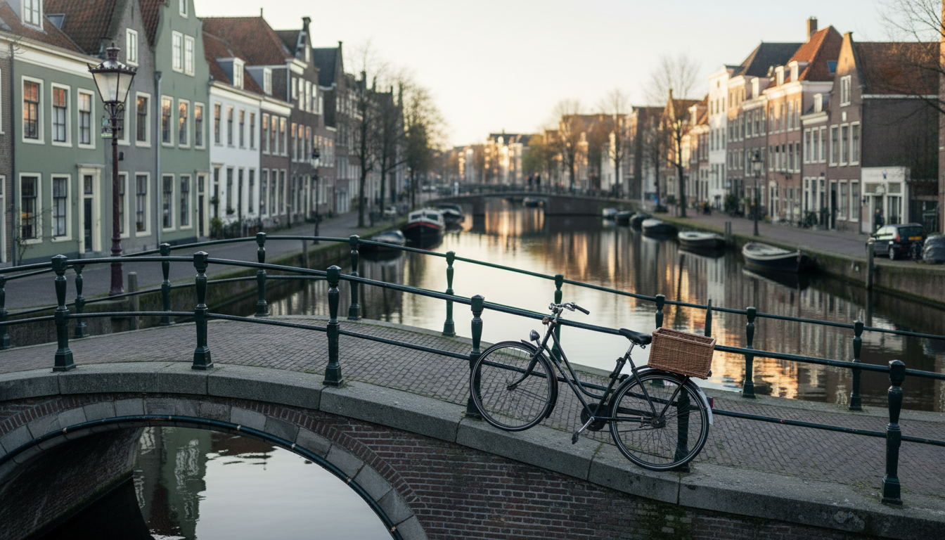 Golden hour light on Delfshavens historic canal with traditional Dutch houses reflected in still wat