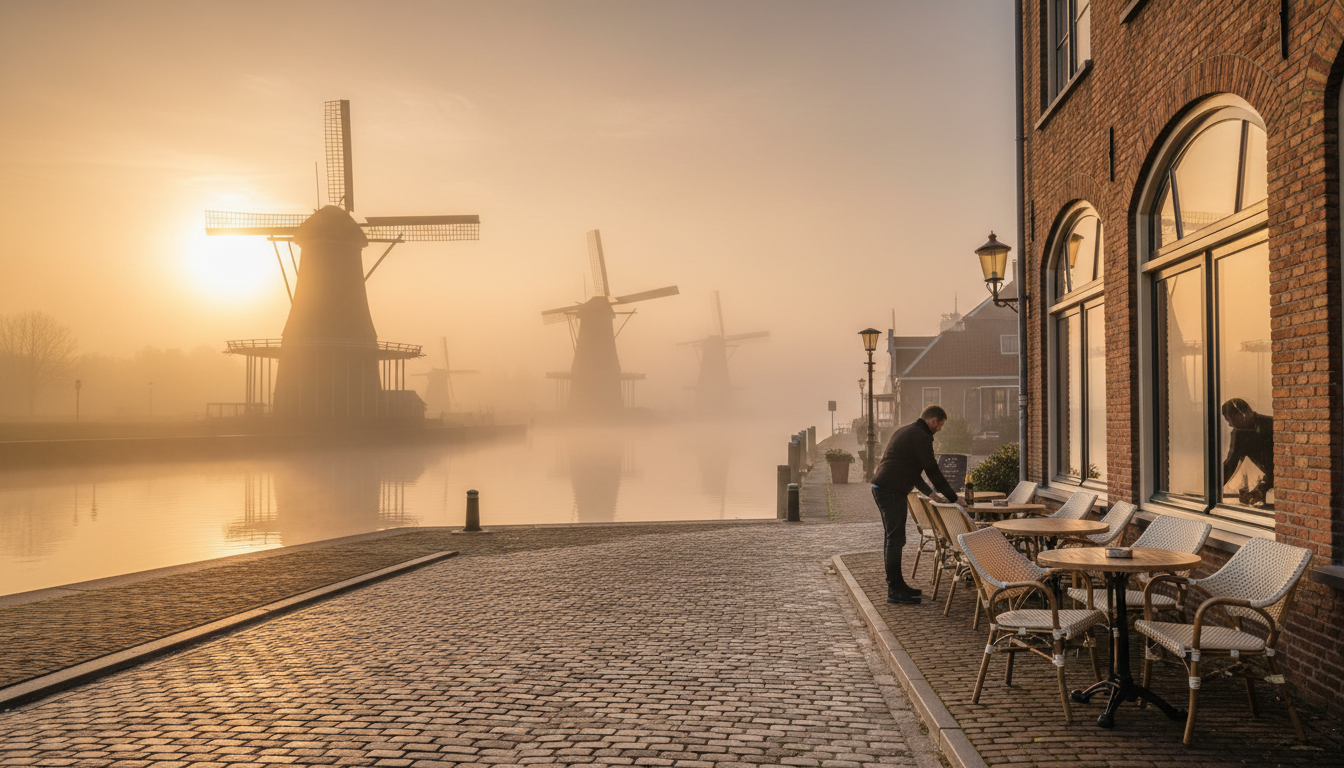 Early morning mist over Delfshavens Voorhaven canal, historic windmills in background, empty cobbles