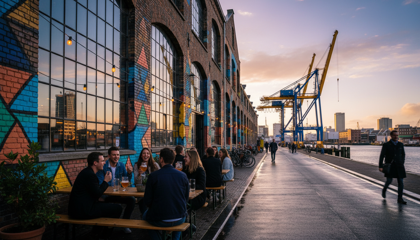 Street scene in Katendrecht showing converted warehouse with industrial windows, street art on brick