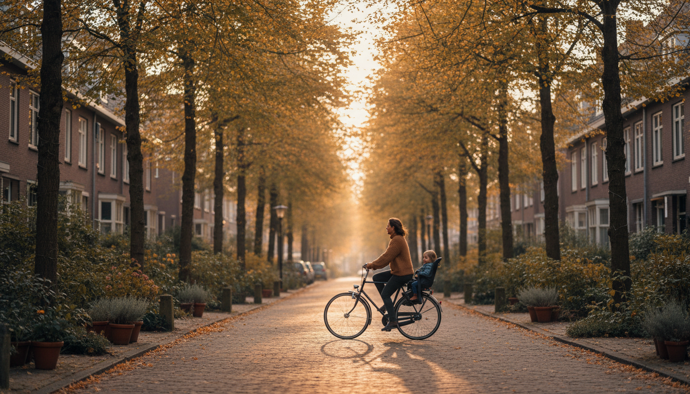 Quiet residential street in Blijdorp with mature trees creating a canopy, classic Dutch row houses w