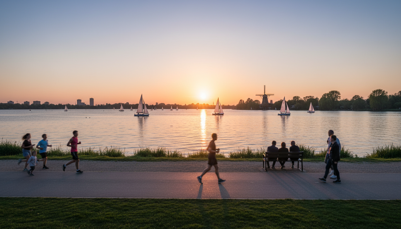 Sunset over Kralingse Plas lake with sailboats, joggers on the waterfront path, historic windmill vi