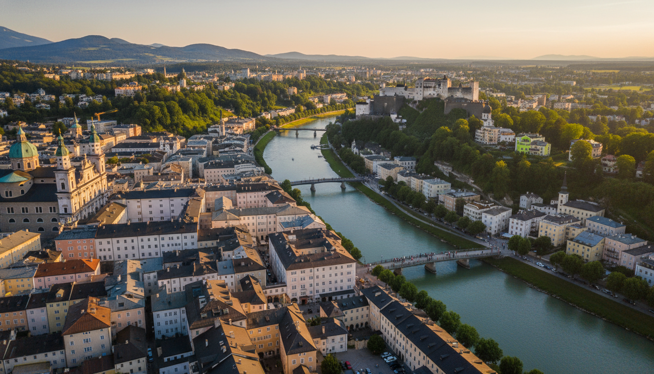 Aerial view of Salzburgs Old Town at golden hour, showing the dense baroque architecture, the Salzac