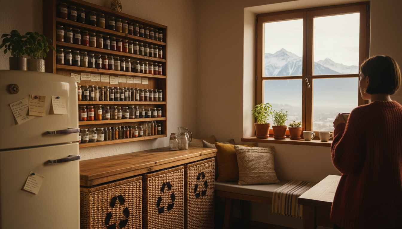 Interior of a cozy Salzburg apartment kitchen, showing typical Austrian organizationlabeled recyclin
