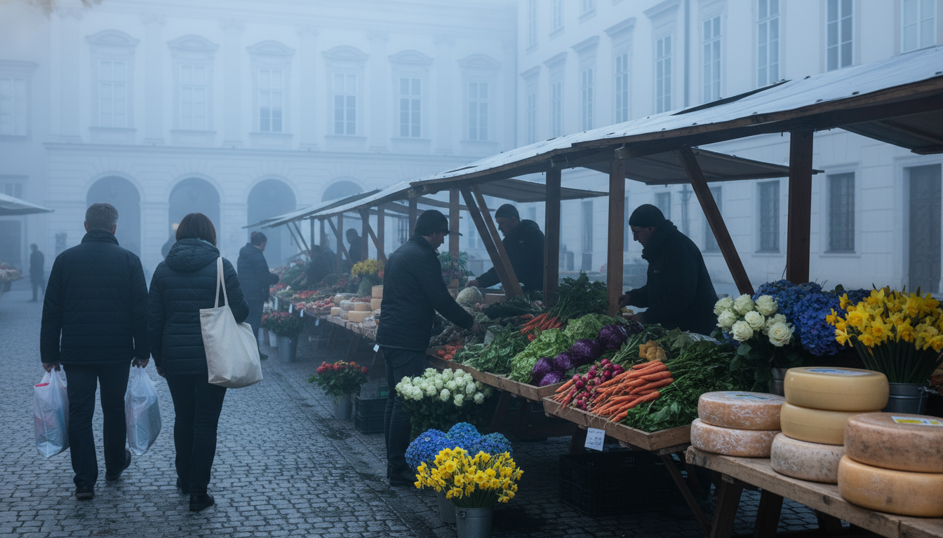 Early morning at Salzburgs Grnmarkt, vendors setting up stalls with fresh vegetables, flowers, and l