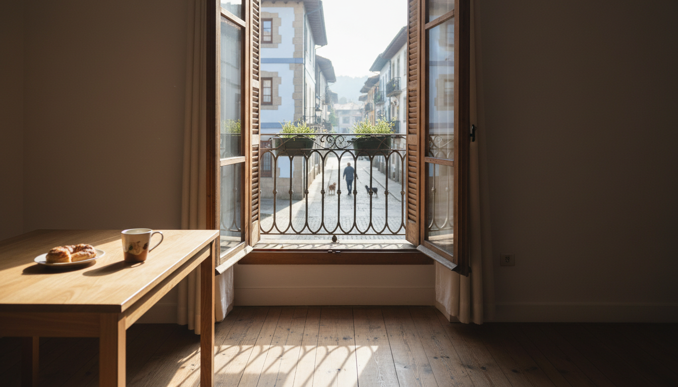 Morning light streaming through a traditional Basque apartment window with wooden shutters, a small