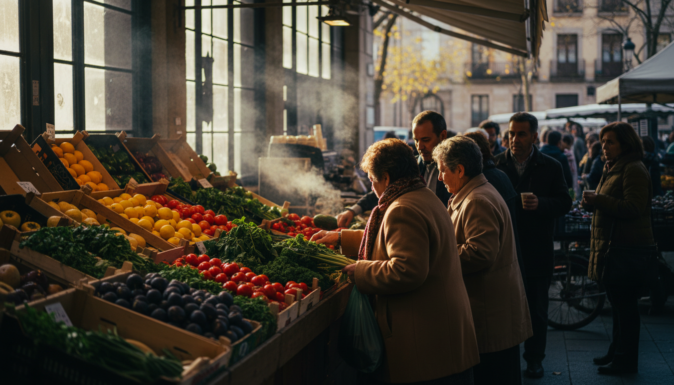 A bustling Thursday morning market in Amara Berri with elderly Basque women selecting vegetables, co