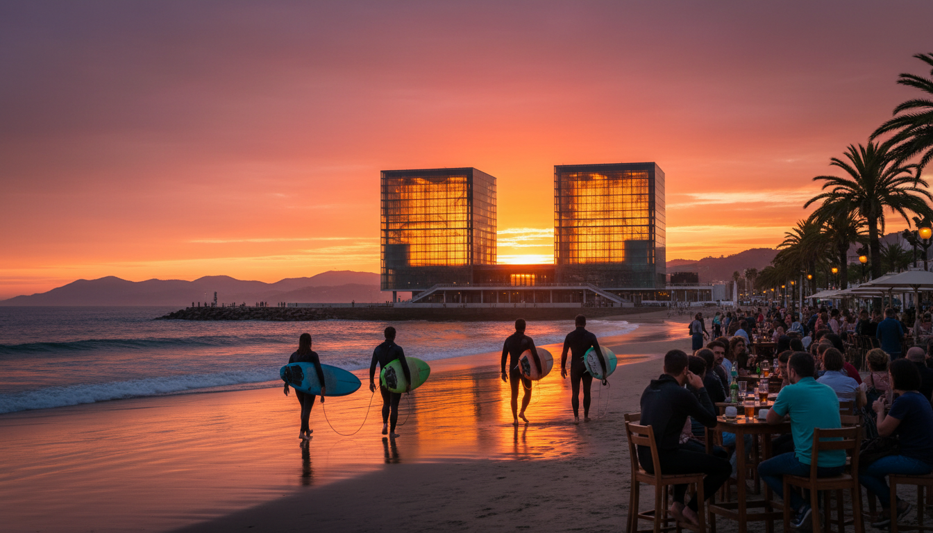 Sunset over Zurriola beach in Gros, surfers in wetsuits walking with boards, the distinctive Kursaal