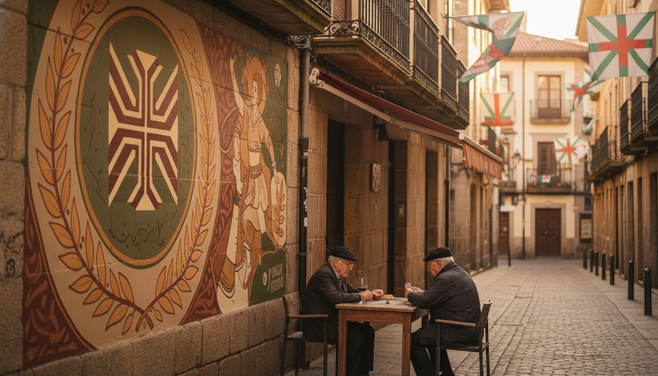 A narrow street in Egia with colorful Basque flags hanging from wrought-iron balconies, elderly men