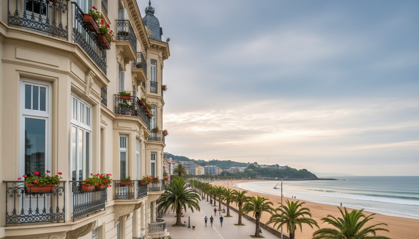 An elegant Belle poque apartment building in Antiguo with ornate balconies, a palm-lined promenade l