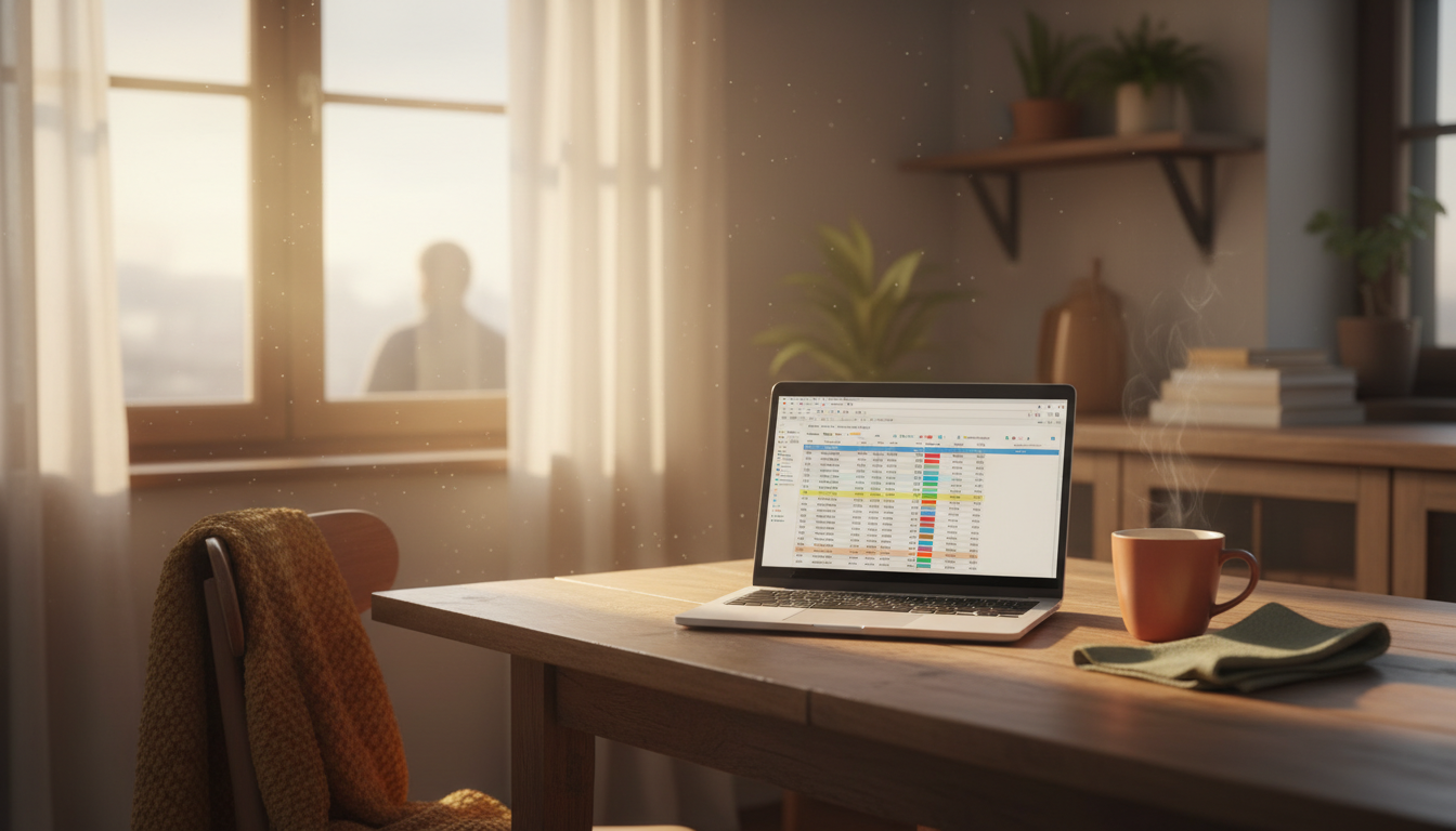 laptop open on a sunny kitchen table showing a spreadsheet of travel expenses, coffee cup nearby, mo