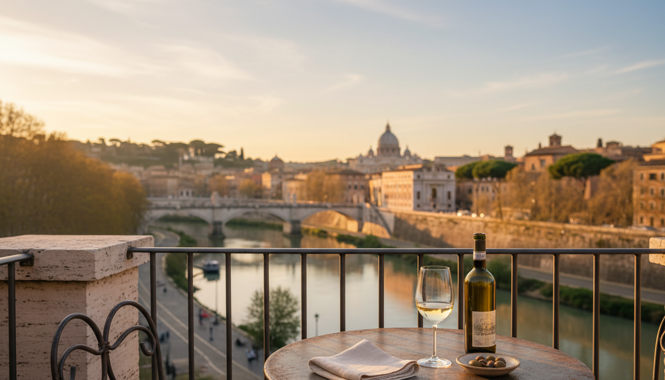 terrace view of Romes Tiber River at golden hour, small bistro table with wine glass, terracotta roo