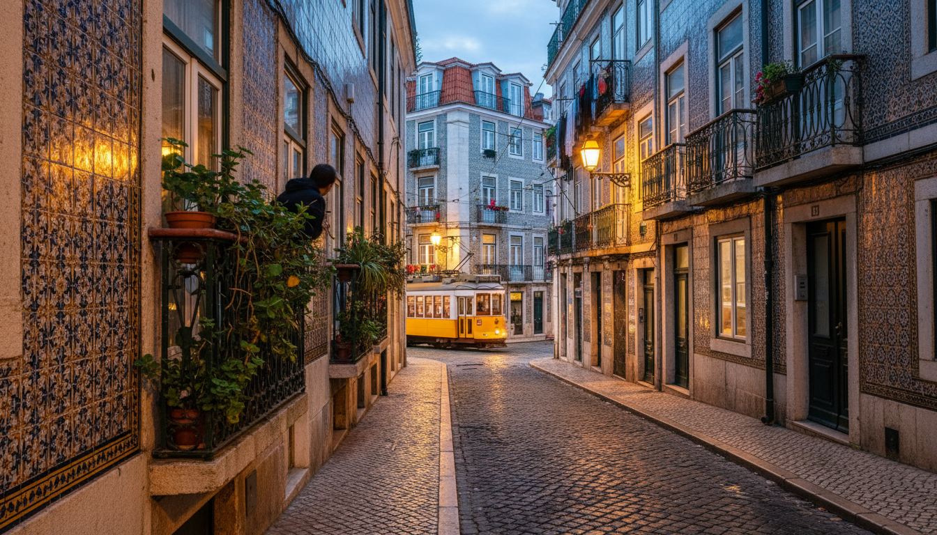 narrow Lisbon street at dusk with traditional azulejo tiles on buildings, warm light from apartment