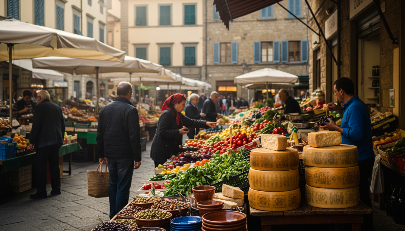 bustling local market in Florence with fresh produce, cheese wheels, and locals shopping, morning li