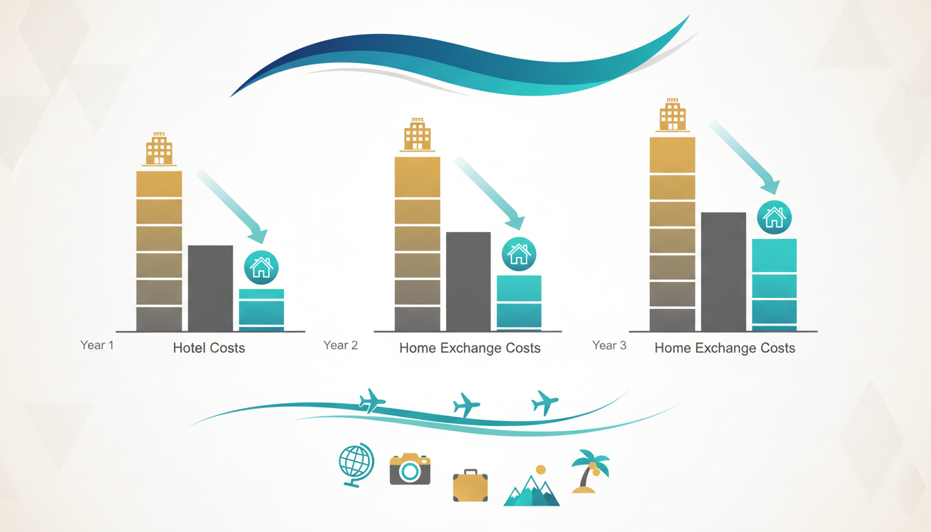 infographic showing home exchange savings breakdown over 3 years with bar charts comparing hotel cos