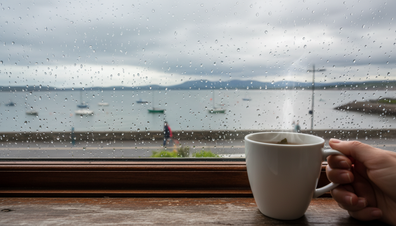 Morning view from a Salthill apartment window showing Galway Bay with moody grey skies, a steaming c