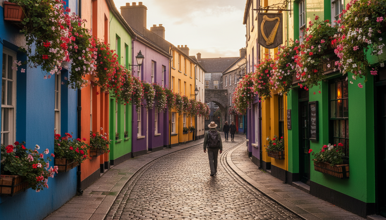 Colorful row houses on a cobblestone street in Galways Latin Quarter, with flower boxes in windows a