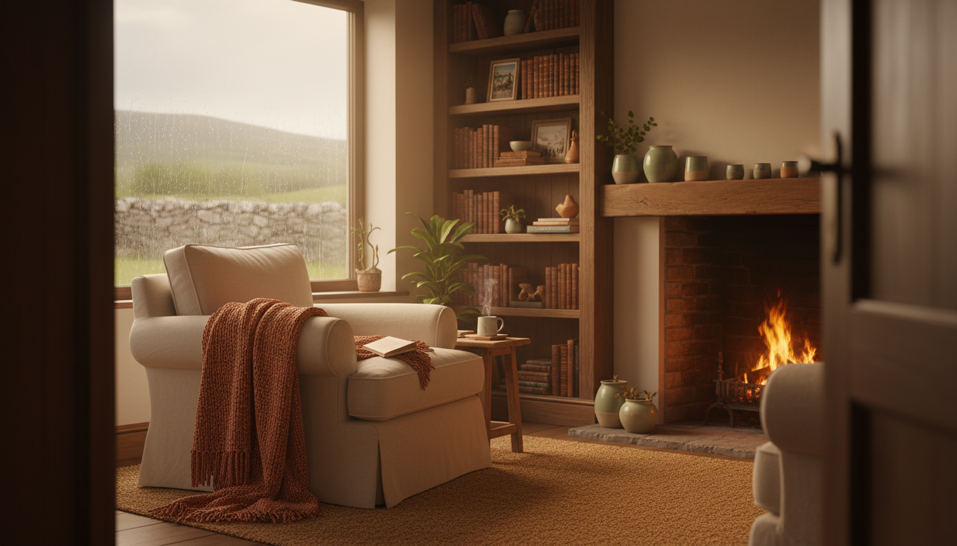 A cozy living room in a Galway home with a fireplace, bookshelves, soft lighting, and a view of rain