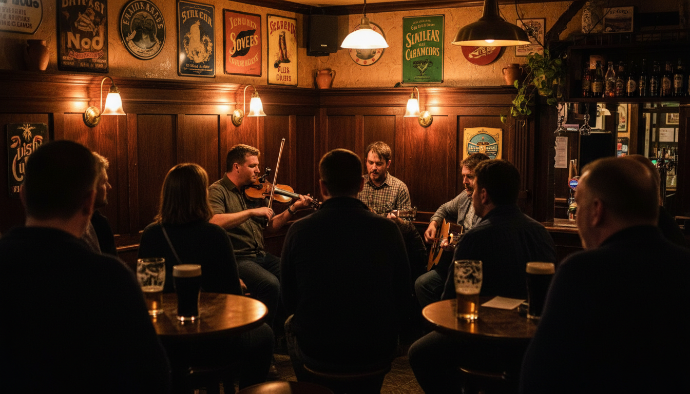 Interior of a traditional Irish pub with dark wood, vintage signs, locals gathered around musicians