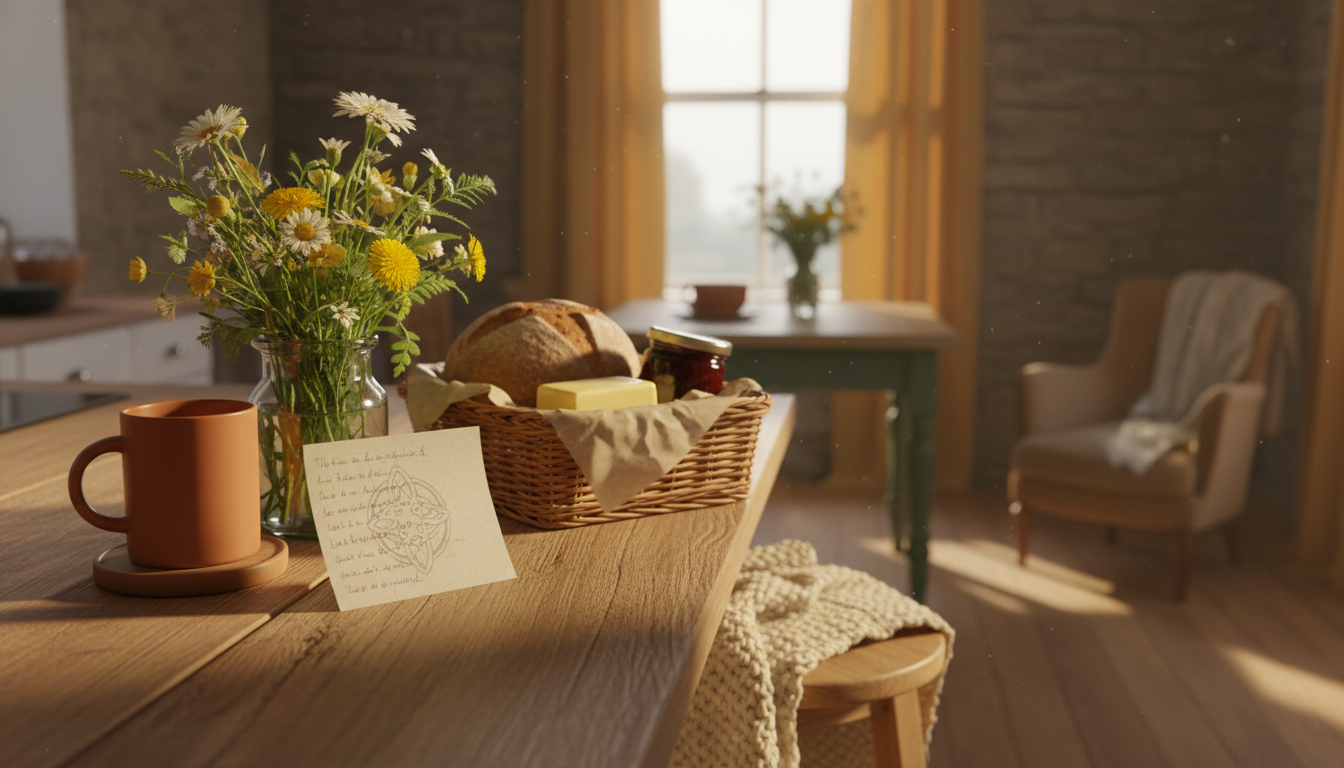 A kitchen counter with a handwritten welcome note, a small vase of wildflowers, a basket of local gr