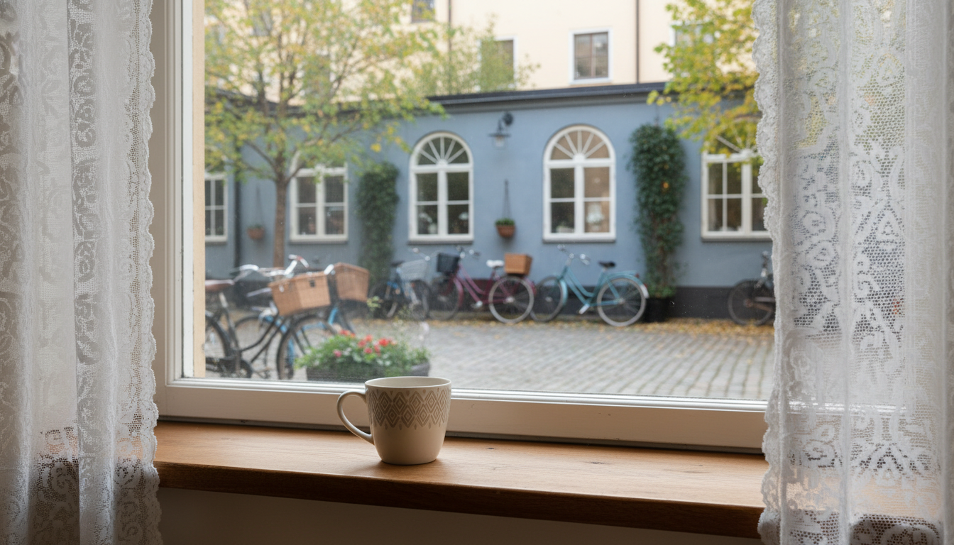 morning light streaming through lace curtains in a vintage Stockholm apartment, coffee cup on wooden