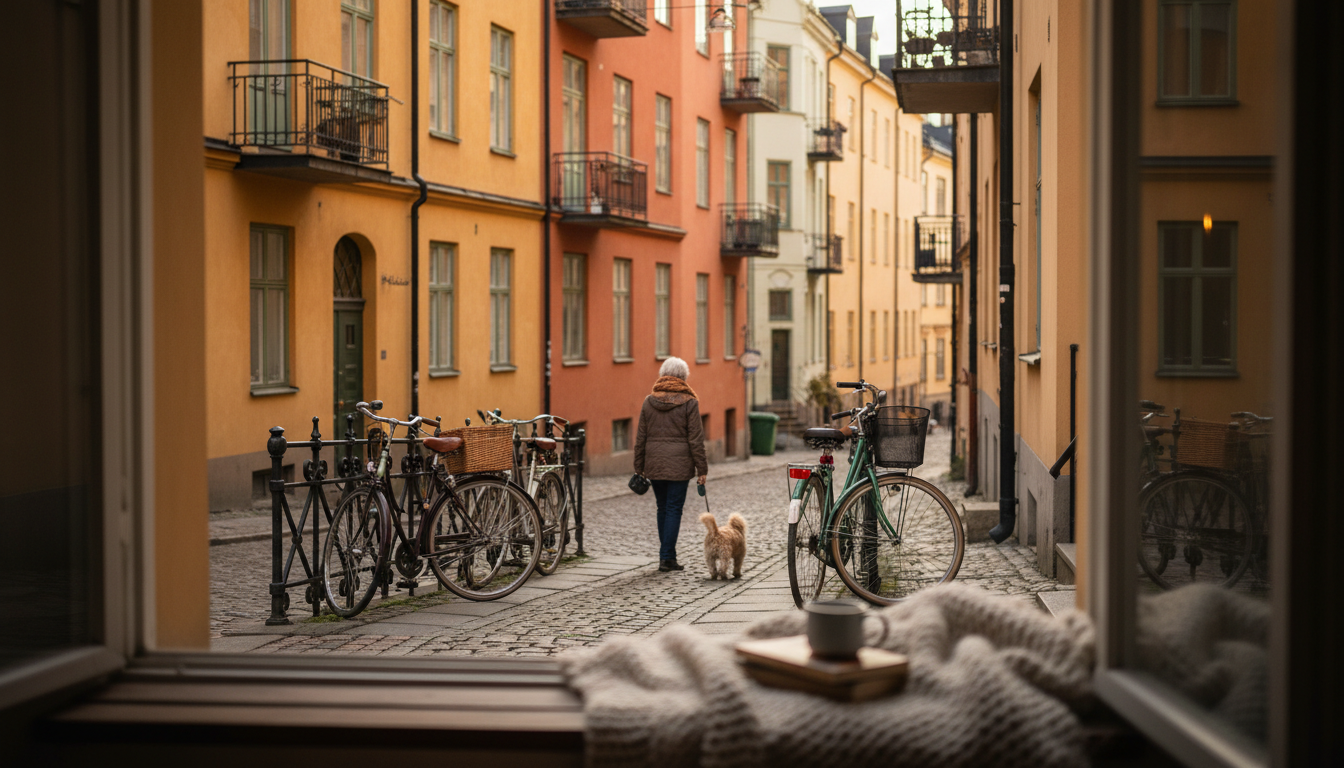 quiet residential street in Sdermalm with colorful apartment buildings, vintage bicycles parked agai