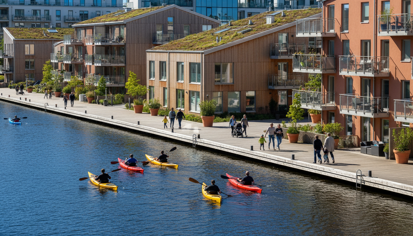 modern waterfront apartments in Hammarby Sjstad with kayakers on calm water, green rooftops visible,