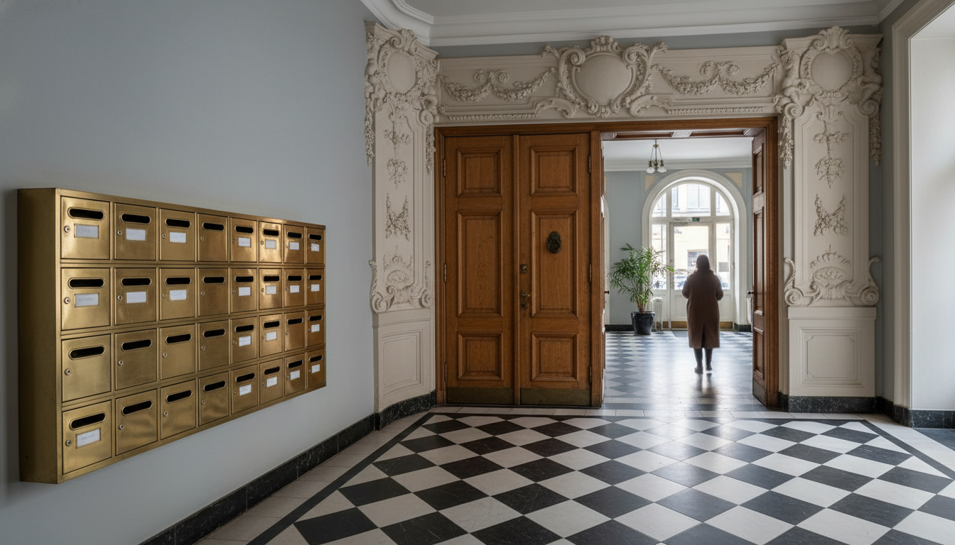 grand Vasastan apartment building entrance with ornate stonework, vintage brass mailboxes, black and